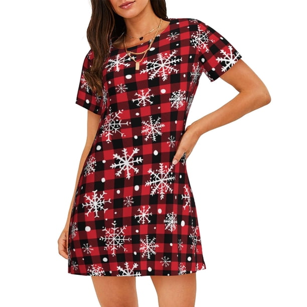 Fotbe Buffalo Plaid Snowflakes Bata de Dormir para Mujer con Estampado, Camisón de Algodón de Manga Corta, Ropa de Dormir Casual