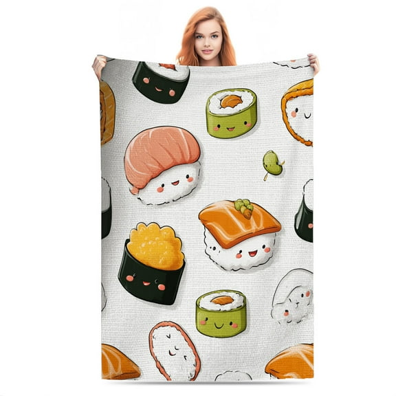 Cute Sushi Characters Parade Lightweight Flannel Printed Blanket - Ultra Soft & Warm, All-Season Cozy Plush for Couch, Bed, Office, Camping Nap - Perfect Decorative Gift
