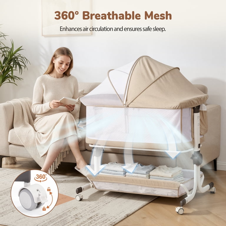 Vipuse 3-in-1 Bedside Bassinet with Storage, Oatmeal photo 2