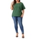 thumbnail image 2 of Blusa de mujer de talla grande Agnes Orinda, de manga corta, cuello redondo, de algodón y lino, camiseta 1X en verde militar, 2 of 6