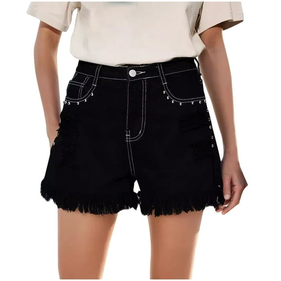 Taqqpue Jean Shorts for Womens Mid Waisted Stretchy Denim Shorts Casual Summer Black Ripped Frayed Distressed Hot Short Jeans Raw Hem Junior Shorts Jeans with Pockets