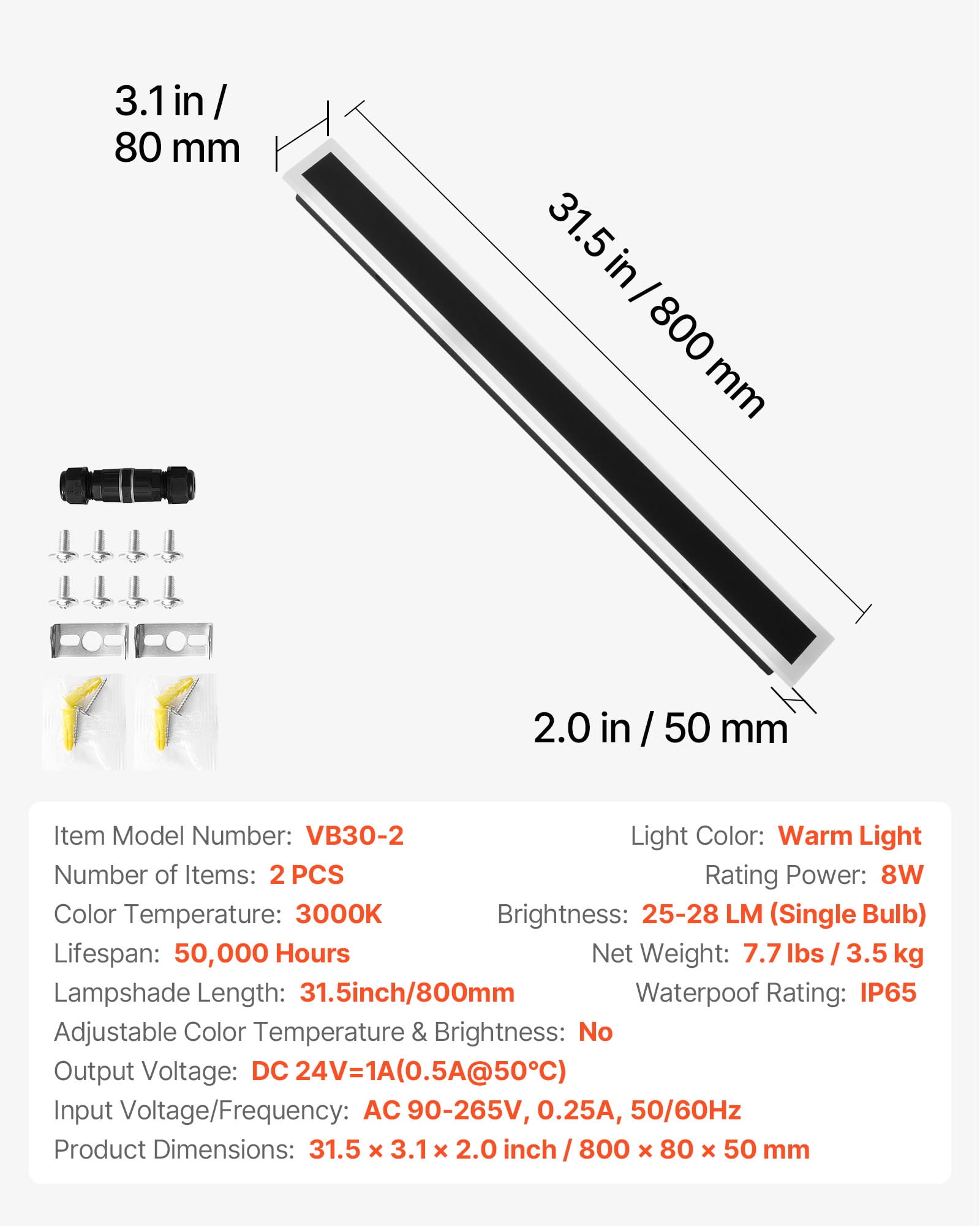 VEVOR Outdoor Wall Lights, 2 Pack, 31.5 Inch Long Strip Modern Exterior Wall Sconce Light Fixtures, 3000K Warm White, IP65 Waterproof Anti-Rust Outside Wall Mount Lighting, for House, Porch, Garage