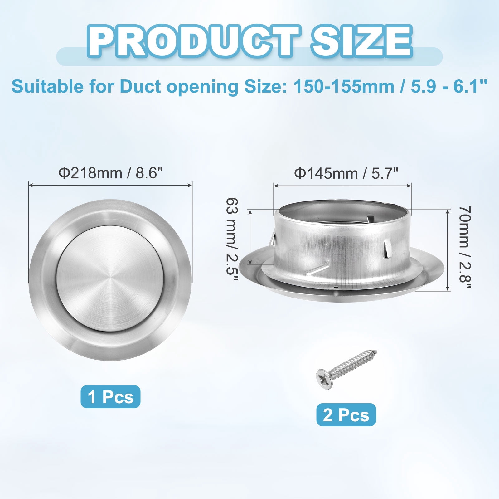 Uxcell 1Set 6 Inch Round Ceiling Diffuser, 304 Stainless Steel Adjustable Wall Air Vent Diffuser Vent Duct Cover Exhaust Supply for Kitchen Bathroom Garage, Silver