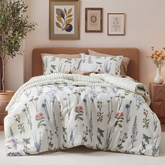 U by Bedsure 2 Pieces White Floral Comforter Sets, 1 Botanical Flowers Reversible Comforter and 1 Pillow Shams, Twin Size