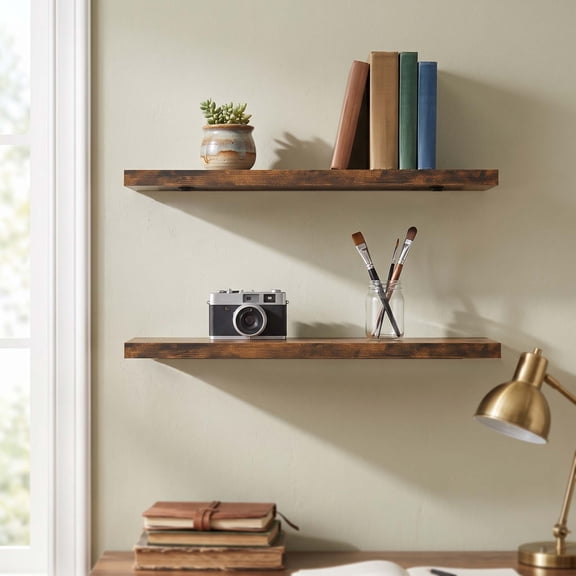 Farmhouse Rustic Brown Floating Shelves Set of 2 Heavy Duty 22.5 Inch Wall Mounted Storage for Living Room Bathroom Bedroom and Kitchen