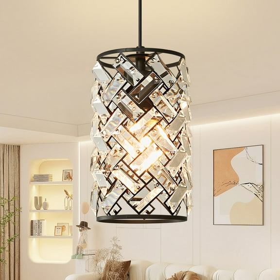 Deyidn 6.2 Inch Crystal Pendant Light, Adjustable Modern Round Chandelier in Black Finish for Dining Room, Entryway & Bedroom