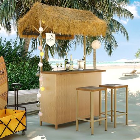 Outdoor Tiki Bar Set - 3 Piece Phuket Patio Wicker Islander Tiki Bar and 2 Stools with Adjustable Feet Outdoor Bar Table with Acacia Wood Top & Storage for Party, Garden, Kitchen or Bar Cart