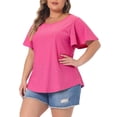 thumbnail image 4 of Agnes Orinda Women's Plus Size T-Shirt Crew Neck Loose Fit Ruffle Sleeve Summer Hollow Casual Blouses Tops 1X Hot Pink, 4 of 6