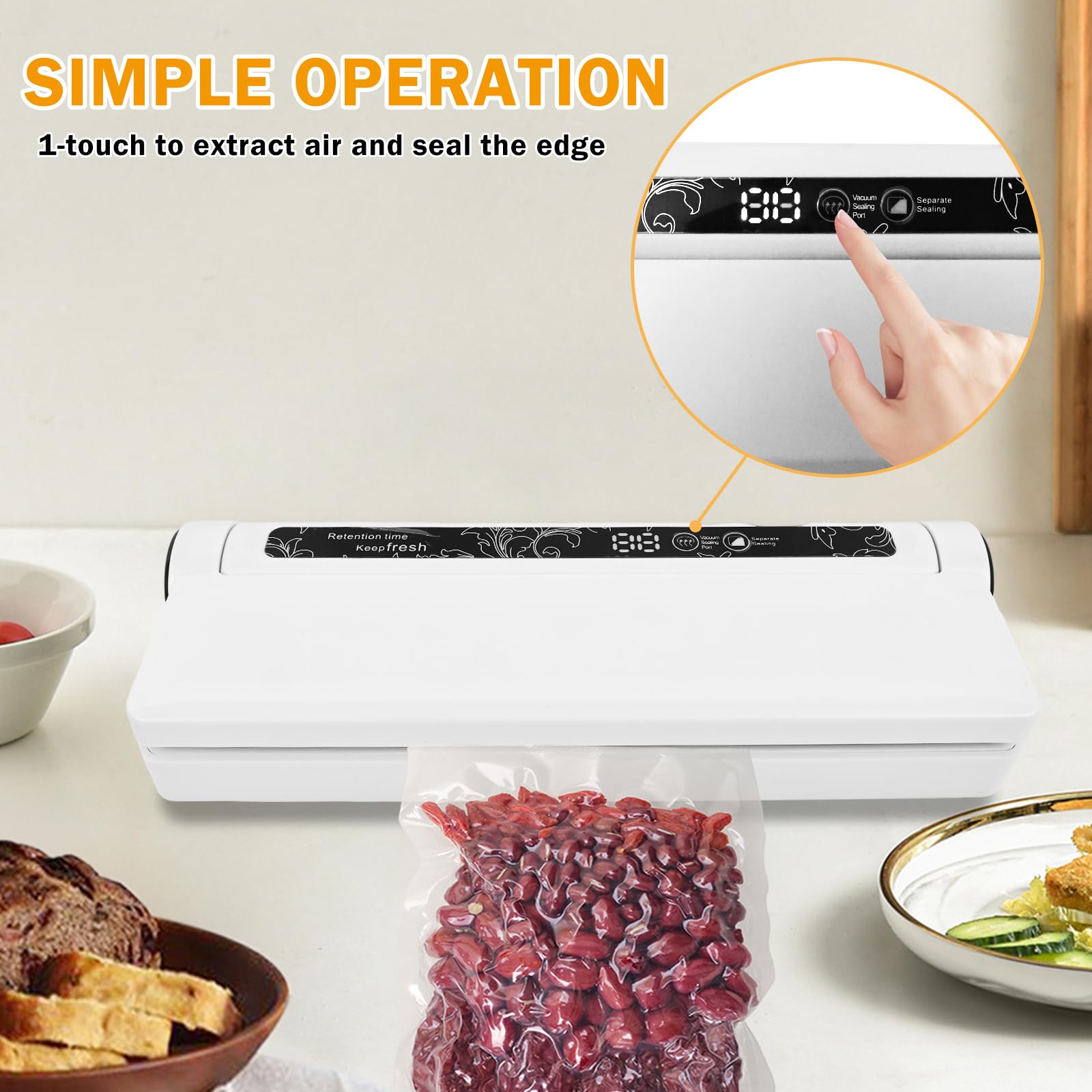 Food Vacuum Sealer Machine, 60KPA Strong Suction, Dry/Wet Modes, 20 Vacuum Seal Bags for Food, Digital Countdown Timer, Compact Lightweight, Ideal for Home Kitchen Use（white8.5*9.5*4cm）