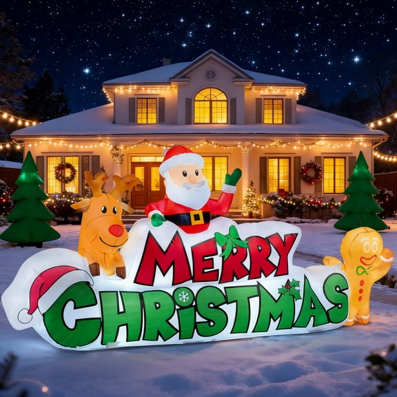 Joyfy 9.5 FT Christmas Inflatables Merry Christmas Sign with Santa Outdoor Decorations,Christmas Blow Ups Yard with Built-in LEDs for Holiday Party Garden Lawn Decor