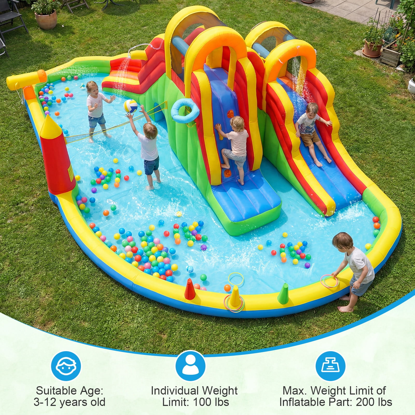 Gymax Inflatable Water Slide Park w/2 Long Slides Climbing Walls Splash Pool Blower