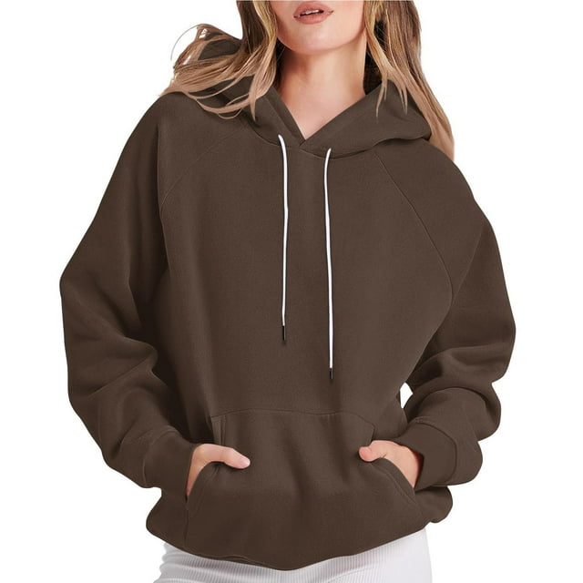 Htigea Chandails en Molleton à Capuche pour Femmes avec Cordon de Serrage Raglan Manches Longues Chandails à Capuchon Surdimensionnés Décontractés Poches Sport Top Pullovers Café L