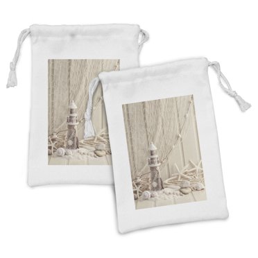 Fishing Net Fabric Pouch Set of 2, Marine Theme Sea Stars and Shells Underwater Life Wooden Lighthouse Print, Small Drawstring Bag for Toiletries Masks and Favors, 9" x 6", Beige Cream, by Ambesonne
