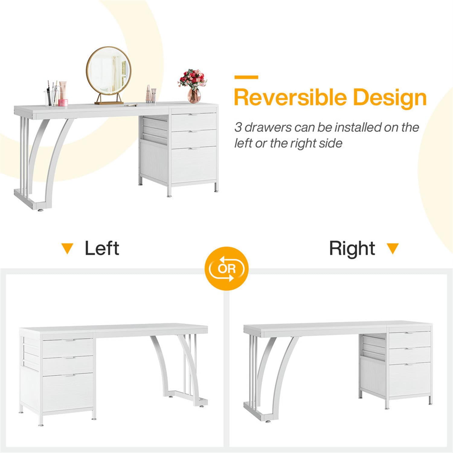 Demi Bonn 59" Industrial Computer Desk with Reversible Drawer Cabinet, Modern Study Writing Gaming Table for Home Office, White