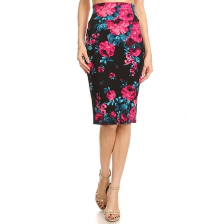 Black Skirts For Juniors 1818 Scuba Pencil Skirt Skirt Knee HIGH Skirt, Office Skirt High Waist Black w Fuchsia L ()
