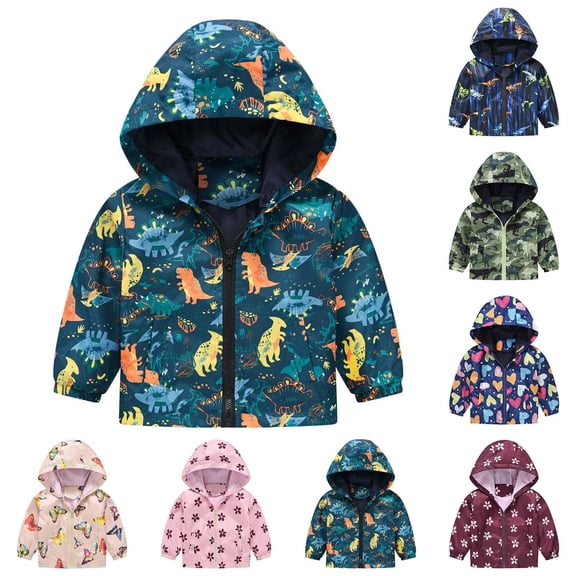Shadoumai Toddler Boys Girls Rain Jacket, Kids Rain Jacket Lightweight Cartoon Dinosaur Print Hooded Windproof Coats Zip Up Windbreaker
