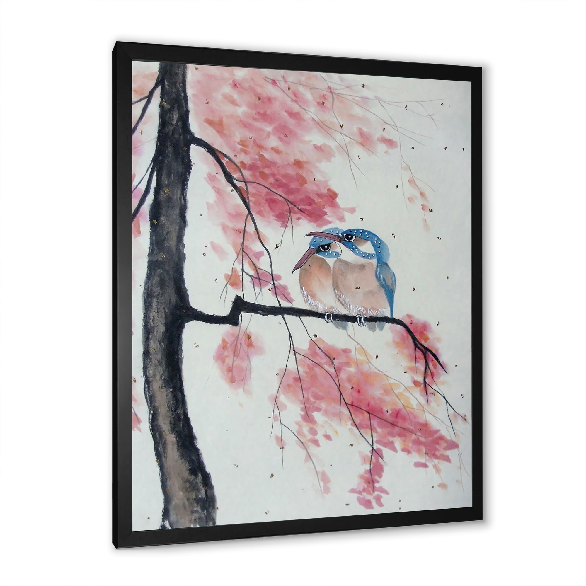 Two Blue Kingfisher Birds Sitting On A Flowering Branch 16 in x 32 in Framed Painting Canvas Art Print, by Designart