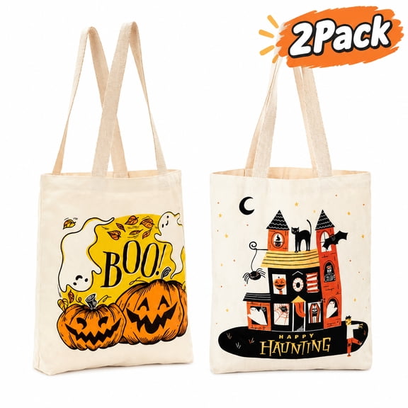 13" Large Halloween Tote Bag (Haunted House) Reusable Canvas Bag for Trick or Treating, Grocery Shopping and More