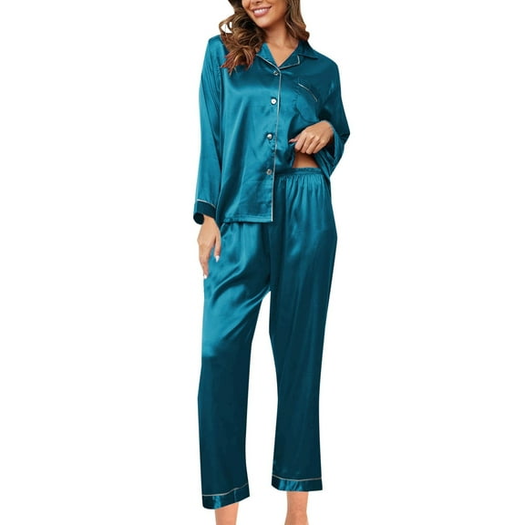 Pajamas for Women Sleepwear for Women Women's Fashionable Pajama Set Silk Pajamas 2 Piece Satin Pajama Set Long Sleeve Button Down Casual Suit With Pants