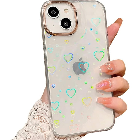 Compatible for iPhone 14 Case Laser Heart Pattern, Cute Glitter Bling Rainbow Holographic Heart Clear Case for Women Girls Soft TPU Shockproof Camera Protective Back Cover Case - Heart