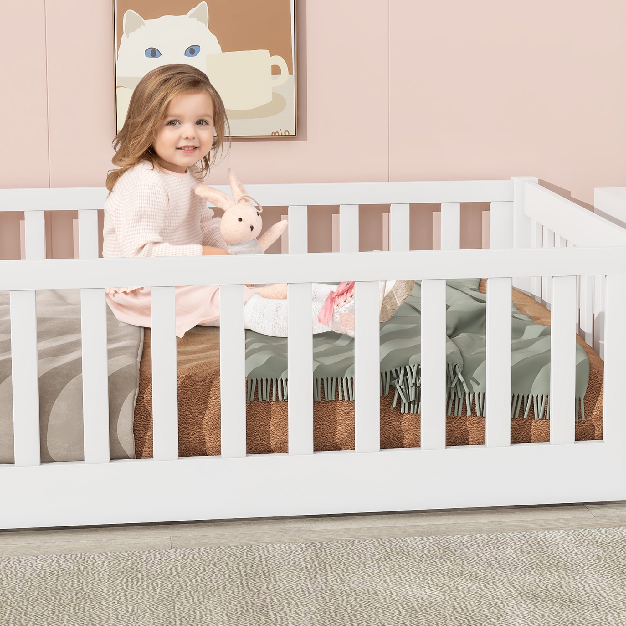 UHOMEPRO Twin Size Floor Bed with Fence and Door for Kids, Low Profile Montessori Toddler Bed for Crib Transition, Solid Wood, Slats Supports, Easy Assembly, No Box Spring Needed, White