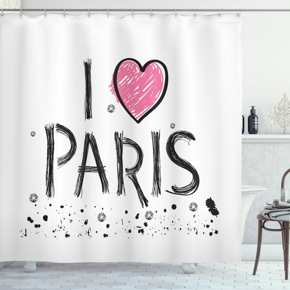 Ambesonne Eiffel Tower Shower Curtain, I Love Paris Wording, 69"Wx84"L, Pink Charcoal Grey