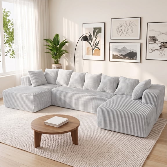 SEENYOO 130" Boneless Couch, Modern Couches for Living Room, U-Shaped 4-Seat Modular Sofa with Chaise, Oversized, No Assembly, Gray