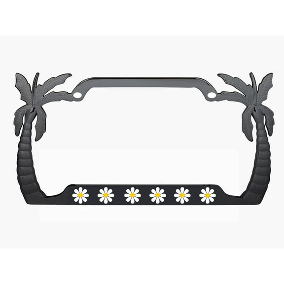 Daisy Flowers Style Palm Tree Heavy Duty Metal License Plate Frame Personalised/Car Accessories Car Tag Holder Cover Cute Girly Gift for Women (Black/White)