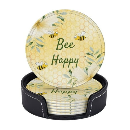 

6 Pcs Leather Coasters Bee Happy Bumble Bees Yellow Honeycomb Coasters For Drinks Cup Mat Pad Housewarming Gift Ideal For Home Decor