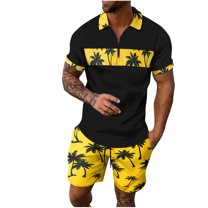 USNSM Men's Gradient Color Printed Short Sleeve Shorts Two Piece Athletic Casual Suit Loose Comfort Breathable Lapel Suit Yellow L