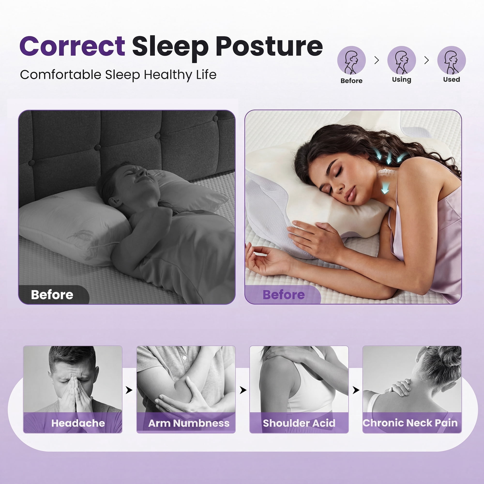 JIOABL Cervical Memory Foam Pillow, Contour Design with 2 Heights, Breathable Cover, Neck Support for Side Back Sleepers, Light Gray