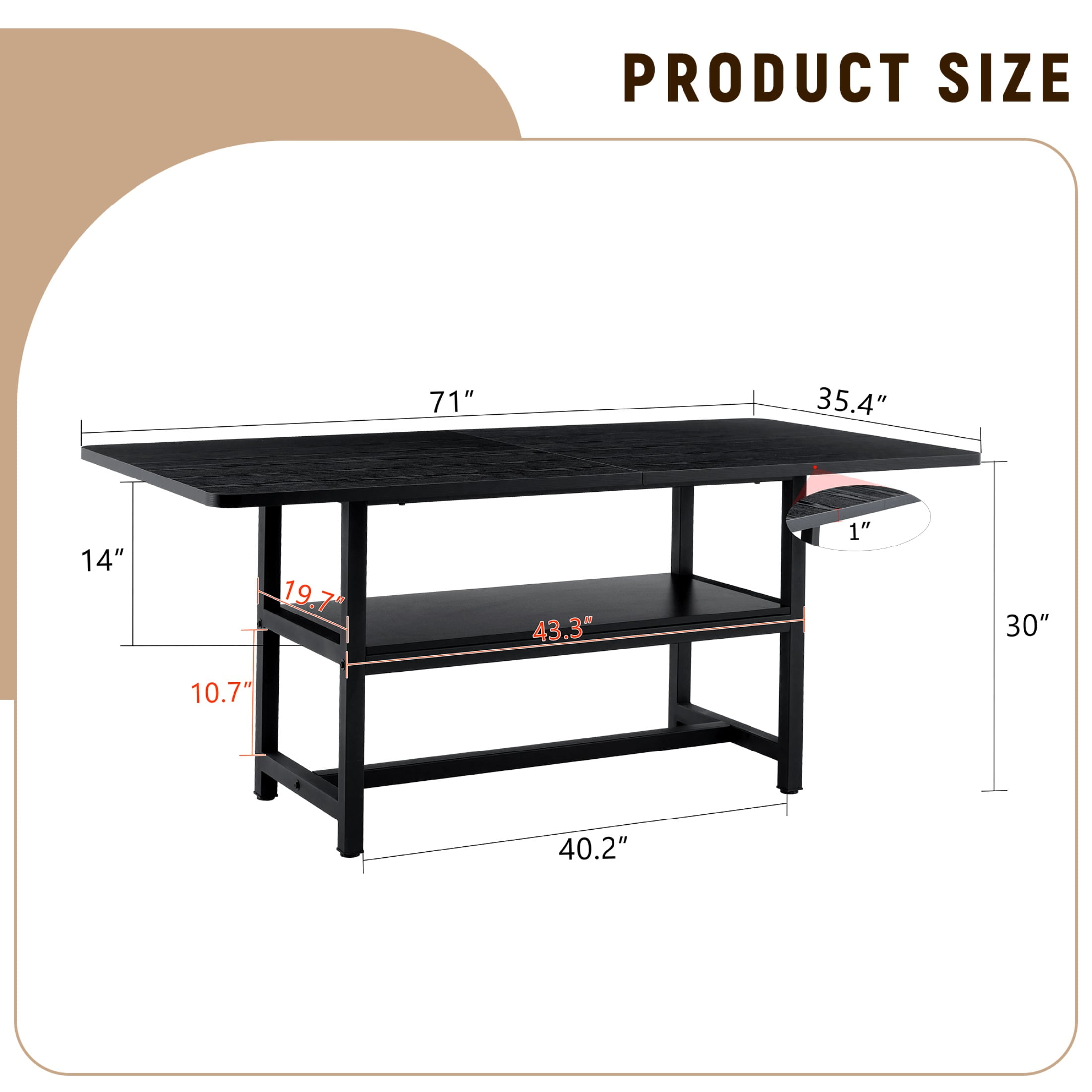 71" Dining Table, Minimalist Kitchen Table for 4-6, MDF Dinner Table with Metal Legs, for Kitchen, Dining Room, Black