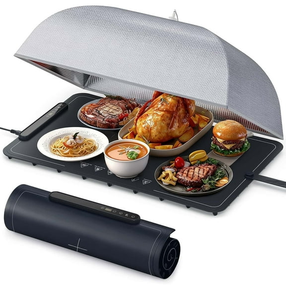 Warming Mat For Food with Cover, Fast Heating Electric Warming Tray with 7 Level Temperature, Rolled Up Portable Mats for Buffet, Party, Family Gatherings, Holiday, Black