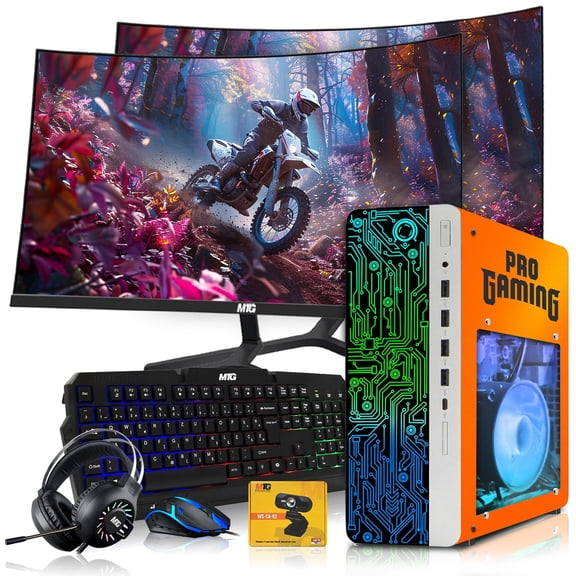 Restored HP Gaming PC Desktop Computer Phoenix AMD A10-9700, RX 550, 16GB RAM, 1TB SSD, Dual 27 Inch Curved Monitor, RGB KBM with AI Copilot, WiFi, RGB Headphone, Webcam, Windows&nbsp;11 (Refurbished)