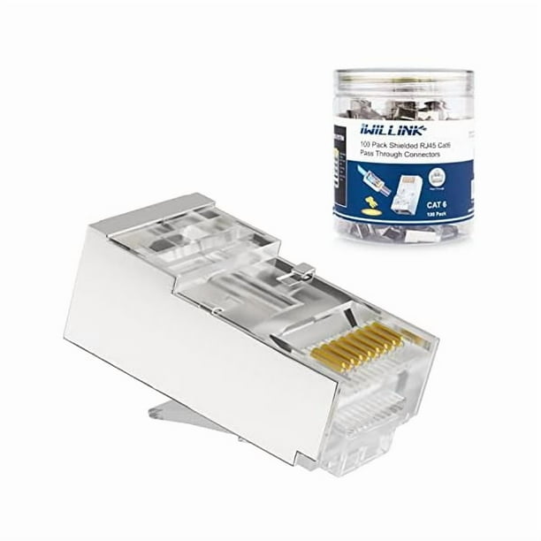 wonima11 100-Pack Shielded RJ45 Cat6 Pass-Through Connectors, STP Crimp Modular Plugs, 50U Gold-Plated, 3-Prong for Solid and Stranded Cable, 8P8C Design