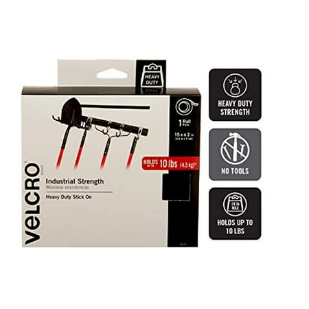 VELCRO Brand Heavy Duty Tape with Adhesive | 15 Ft x 2 In | Holds 10 lbs, Black | Industrial Strength Roll, Cut Strips to Length | Strong Hold for Indoor or Outdoor Use