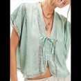thumbnail image 2 of Camisas de Verano para Mujer, con Cuello en V, Lazo y Abertura Frontal, Blusas Extragrandes con Botones, Blusas Casuales de Corta con Ribete de Encaje. Verde M, 2 of 8