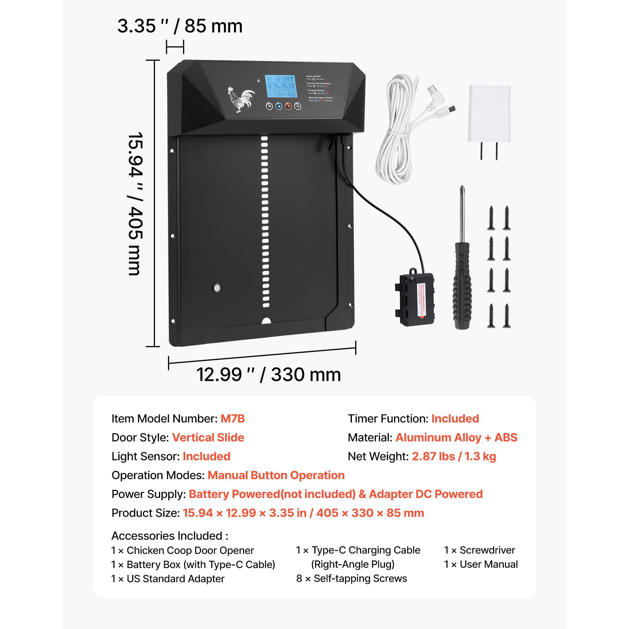 Automatic Chicken Coop Door Light-Sensor/Timer/Remote Modes Anti-Pinch Aluminum Alloy ABS Dual Power for Backyard Coops