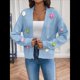 thumbnail image 4 of Suéteres Tipo Cárdigan Cortos para Mujer, Estilo Bohemio, con Bordado Floral de Crochet, Suéter de Punto de Gran Tamaño con Abertura Frontal, Prendas de Vestir Exteriores. Azul L, 4 of 8