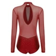 thumbnail image 4 of TiaoBug Women's Gymnastics Leotard Ballet Dance Top Long Sleeve Rhinestones Mesh Figure Ice Skating Bodysuit Burgundy L, 4 of 5