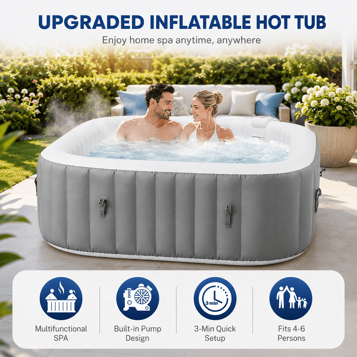 73''Inflatable Hot Tub, Outdoor Hot Tub for 6 Person Indoor Home Spa with Hidden Machine, 130 Massage Jets, Lockable Cover, Storage Bag, 4 Filters, 2 Cup Holders, Max 104℉, 910L Capacity