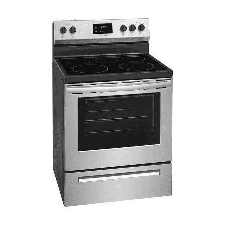 Frigidaire FCRE3052AS Electric Range, 30, Stainless Steel, 5 Elements, Glass  Top ,Manual Clean Oven, 3000 Watt Quick Boil Element, Store-More™ Storage  Drawer, SpaceWise® Expandable Element, Keep Warm Zone, Oven Capacity 5.3  CuFt