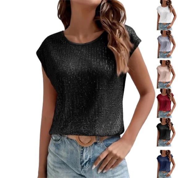 Women's Round Neck Glitter Sequins Shirts Top Casual Cap Sleeve Party Tee Tops,Black S