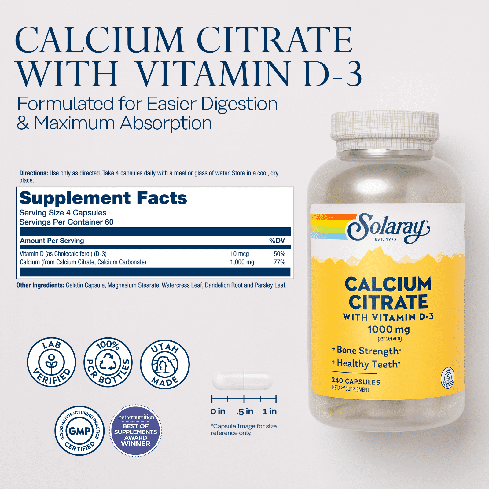 Solaray Calcium Citrate w/ Vitamin D3 1000mg, Healthy Bones & Teeth, Heart, Muscle & Nerve Support, 60 Serv, 240 VegCaps