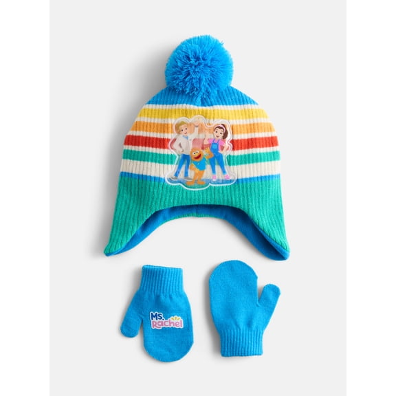 Ms. Rachel Toddler Unisex Ribbed Knit Pom Beanie and Mittens Set, 2 Piece