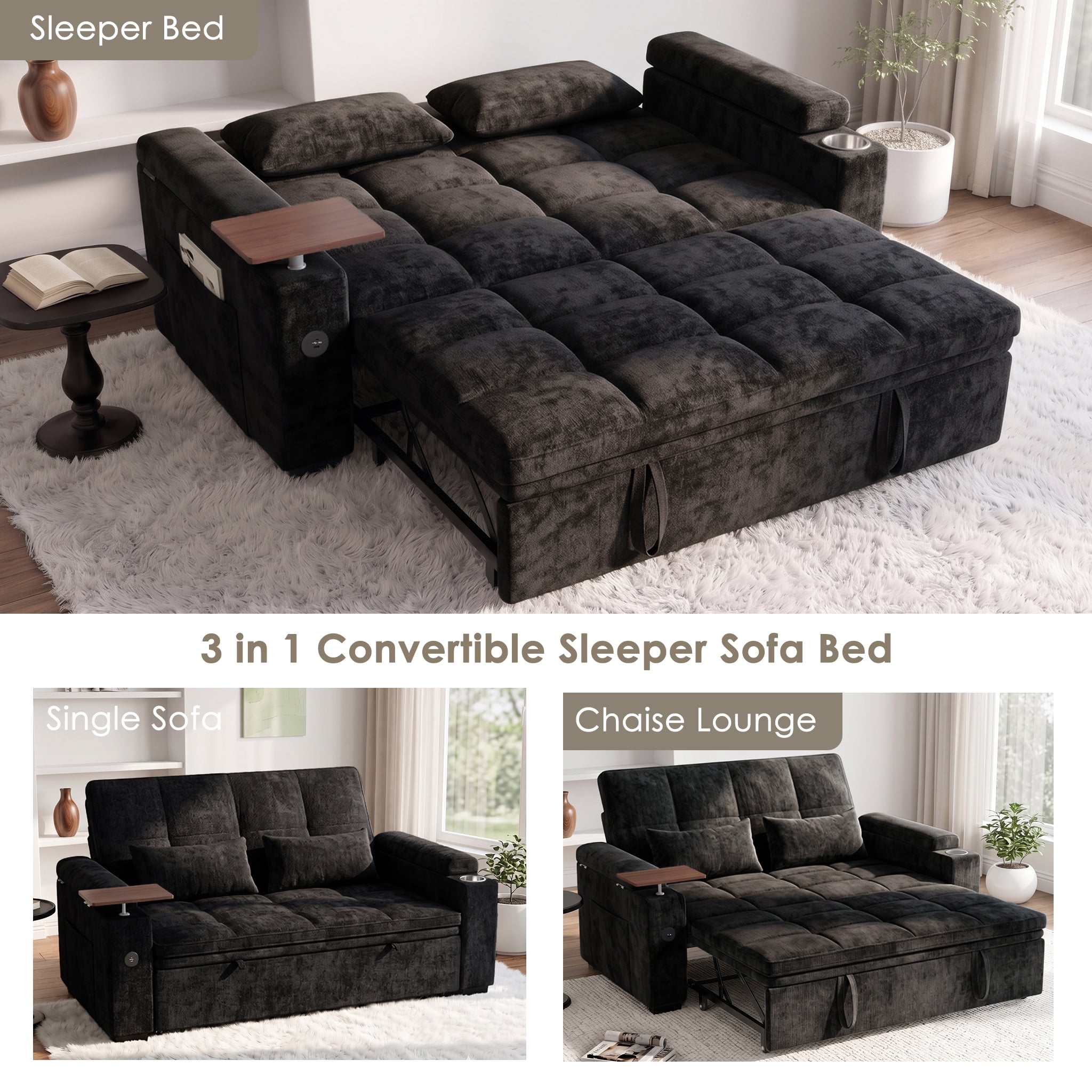 AISWORD 65" 3‑in‑1 Pull‑Out Sleeper Sofa Bed, Chenille Convertible Loveseat with USB Port, Rotating Side Table, Cup Holders for Small Spaces, Black