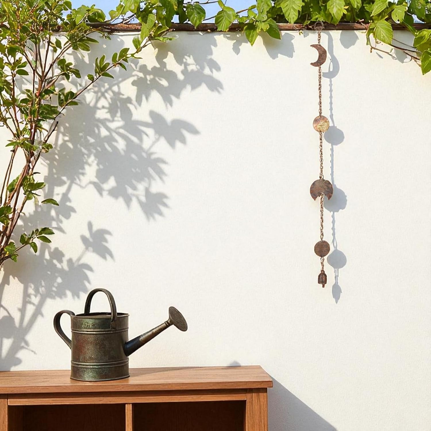 Moon Phase Hanging with Rustic Bell – 30 Inch Hammered Metal Wind Chime for Bedroom, Dorm, or Living Room – Boho Gold Celestial Decor for Cottagecore, Astrology Lovers, and Lunar-Inspired Spaces