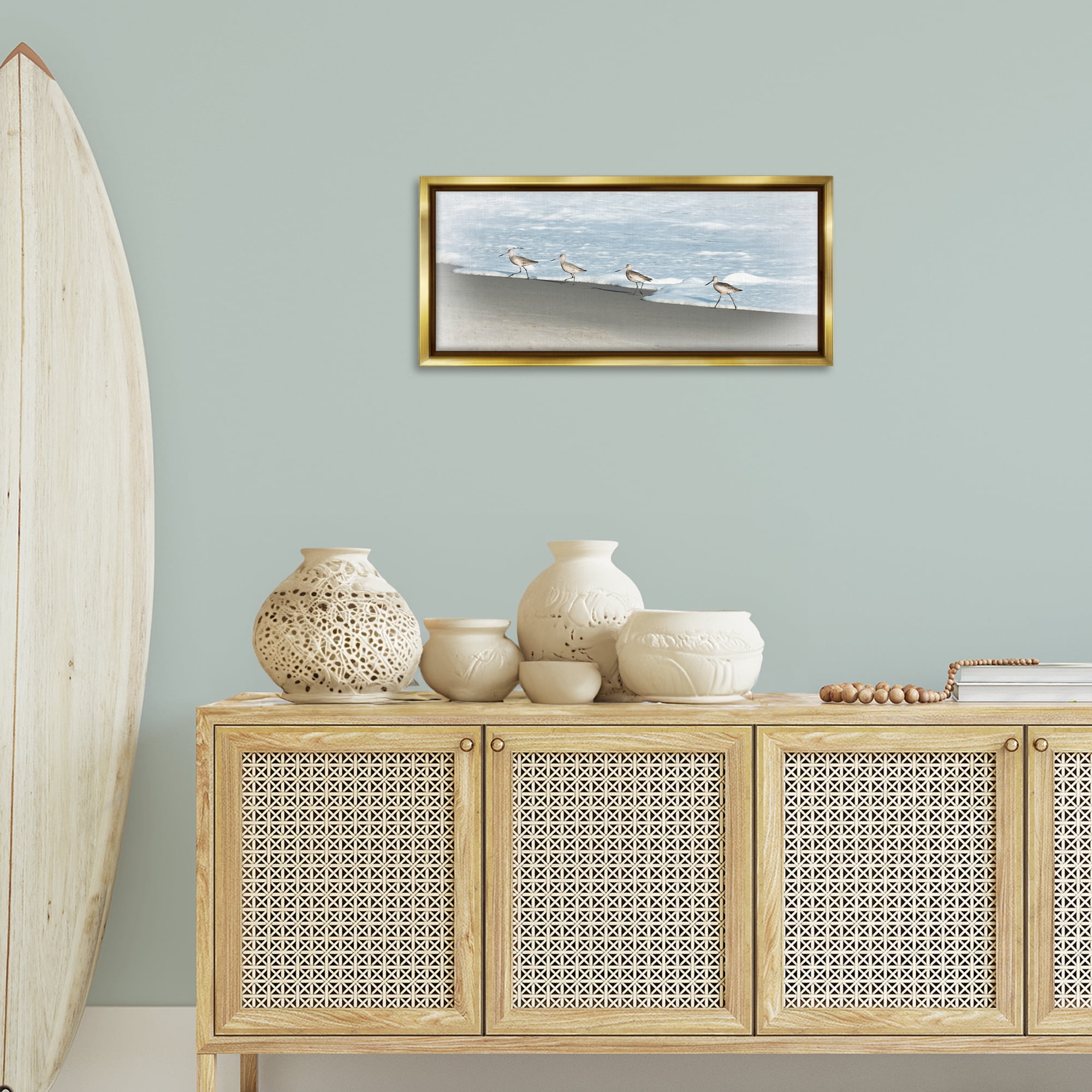 Stupell Industries Four Sandpipers on Beach Nautical & Beach Painting Gold Floater Framed Canvas Art Print Wall Art, 31 x 14