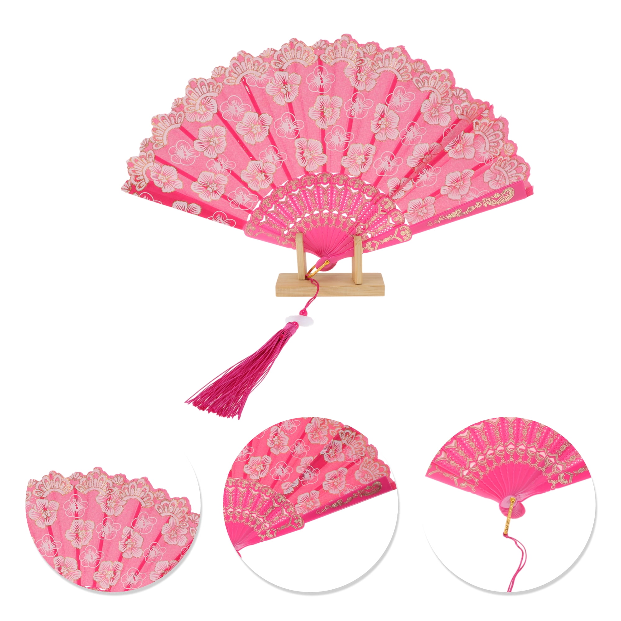 Unique Bargains Elegant Cherry Blossom With Tassel Folding Fan 1 Pc Rose Red