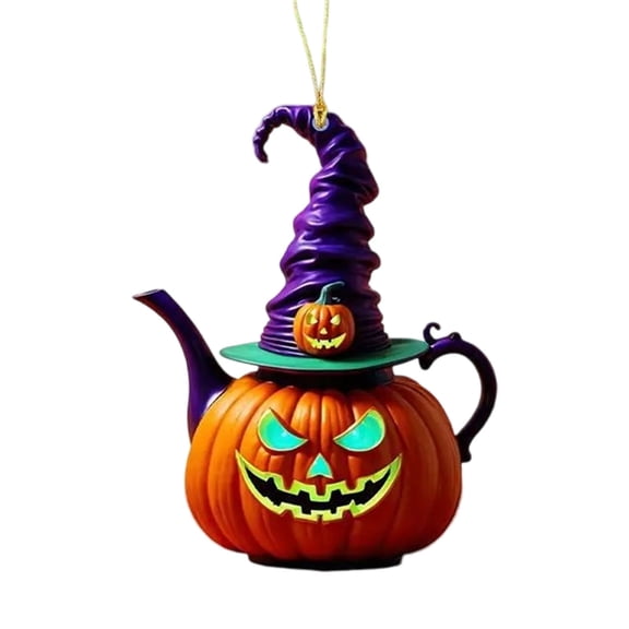Leeye Halloween Acrylic Pumpkin Teapot Hanging Ornament, Spooky Tea Pot Decoration for Window Wall Kitchen Decor, Orange 3.15x2.28in